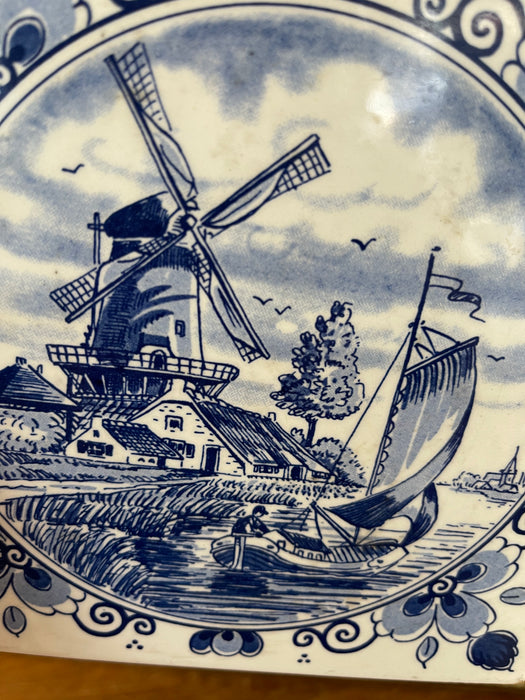 Vintage Dutch Delft Blue Ceramic Tile by Schoonhoven Keramiek, Holland - Windmill and Sailboat Scene