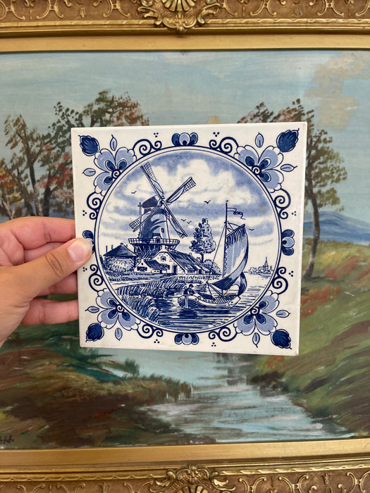 Vintage Dutch Delft Blue Ceramic Tile by Schoonhoven Keramiek, Holland - Windmill and Sailboat Scene