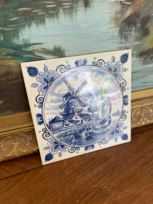Vintage Dutch Delft Blue Ceramic Tile by Schoonhoven Keramiek, Holland - Windmill and Sailboat Scene