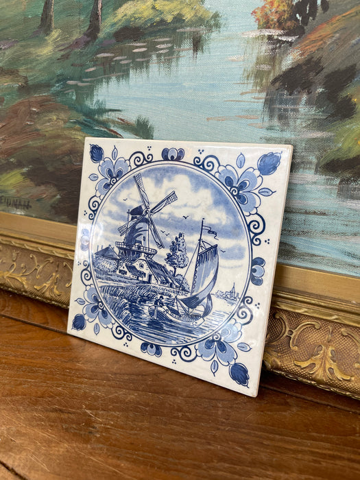 Vintage Dutch Delft Blue Ceramic Tile by Schoonhoven Keramiek, Holland - Windmill and Sailboat Scene