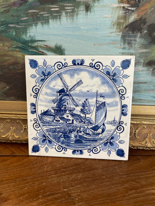 Vintage Dutch Delft Blue Ceramic Tile by Schoonhoven Keramiek, Holland - Windmill and Sailboat Scene