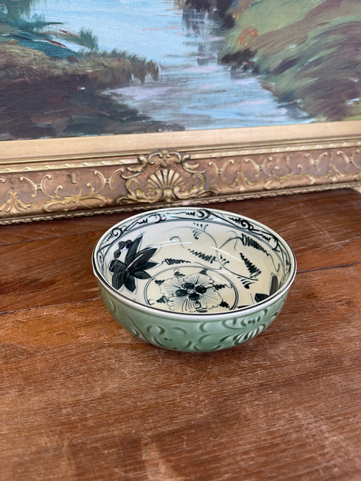 Vintage Bat Trang Vietnam Hand-Painted Ceramic Bowl with Green Relief
Glaze and Floral Interior Design.