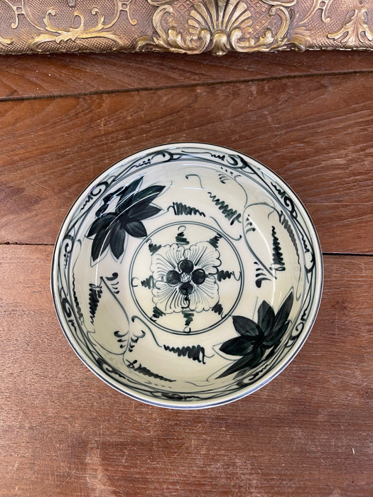 Vintage Bat Trang Vietnam Hand-Painted Ceramic Bowl with Green Relief
Glaze and Floral Interior Design.