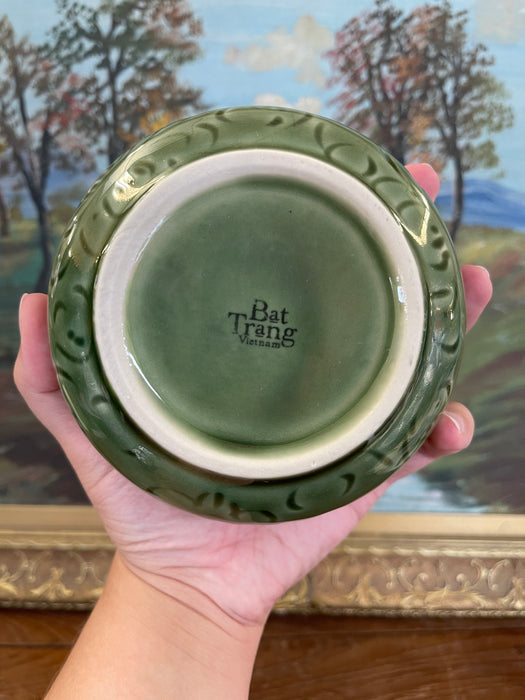 Vintage Bat Trang Vietnam Hand-Painted Ceramic Bowl with Green Relief
Glaze and Floral Interior Design.