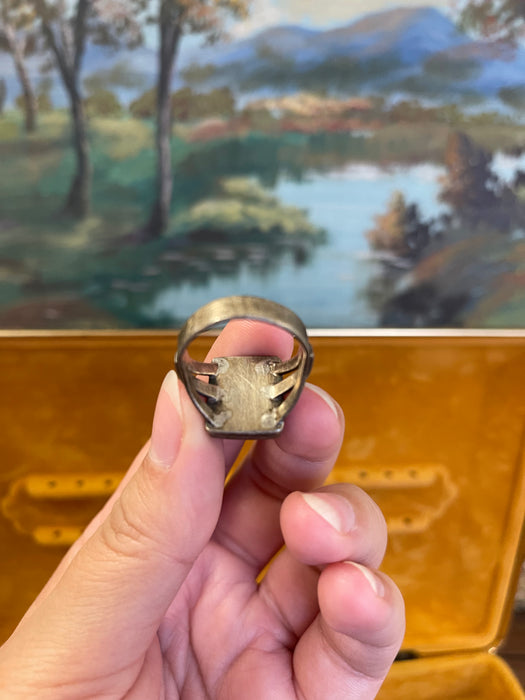 Vintage Green Stone Ring with Ornate Split-Shank Setting.