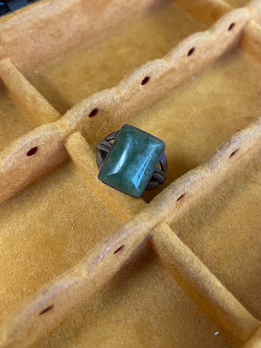 Vintage Green Stone Ring with Ornate Split-Shank Setting.