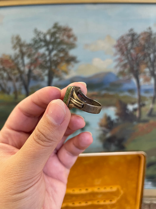Vintage Green Stone Ring with Ornate Split-Shank Setting.