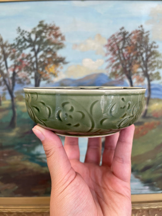 Vintage Bat Trang Vietnam Hand-Painted Ceramic Bowl with Green Relief
Glaze and Floral Interior Design.