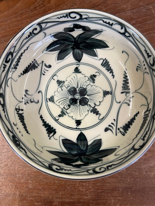 Vintage Bat Trang Vietnam Hand-Painted Ceramic Bowl with Green Relief
Glaze and Floral Interior Design.