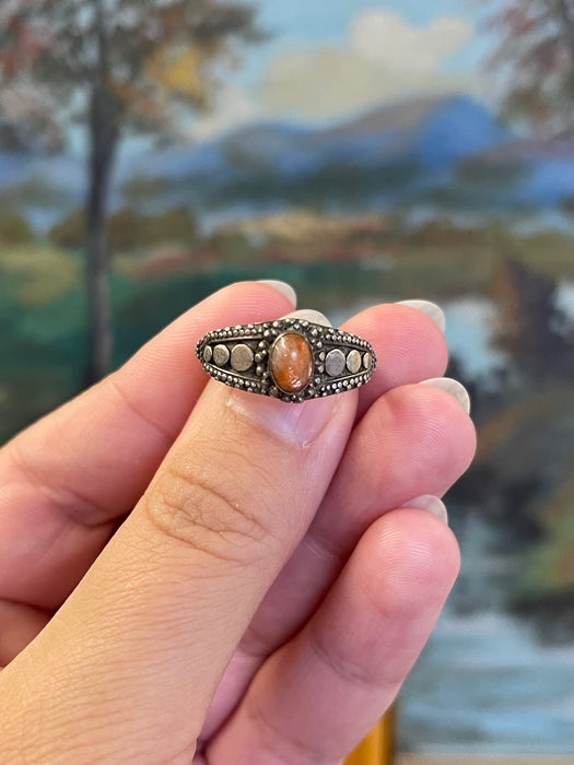 Vintage Ring with Oval Orange Cabochon and Dot work Detailing.