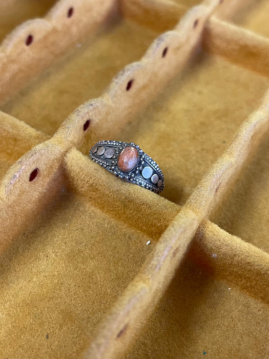 Vintage Ring with Oval Orange Cabochon and Dot work Detailing.
