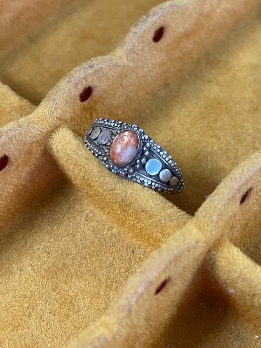 Vintage Ring with Oval Orange Cabochon and Dot work Detailing.