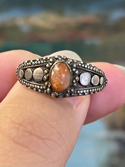 Vintage Ring with Oval Orange Cabochon and Dot work Detailing.