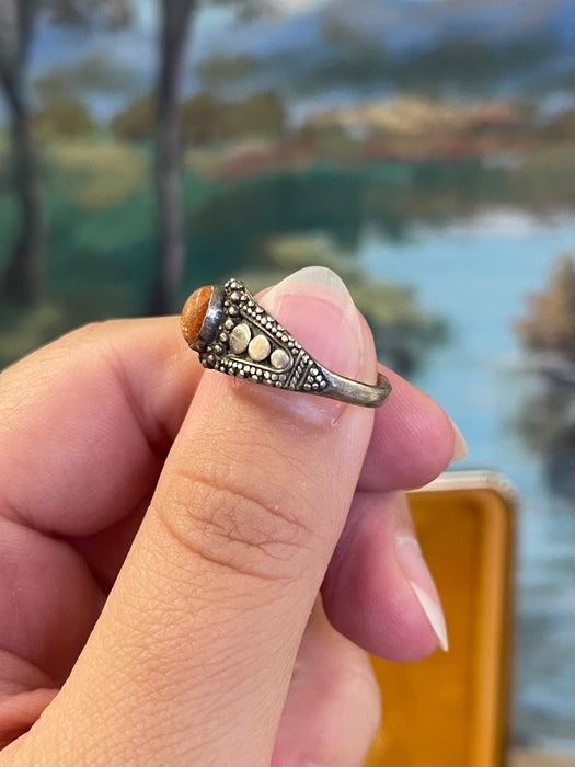 Vintage Ring with Oval Orange Cabochon and Dot work Detailing.