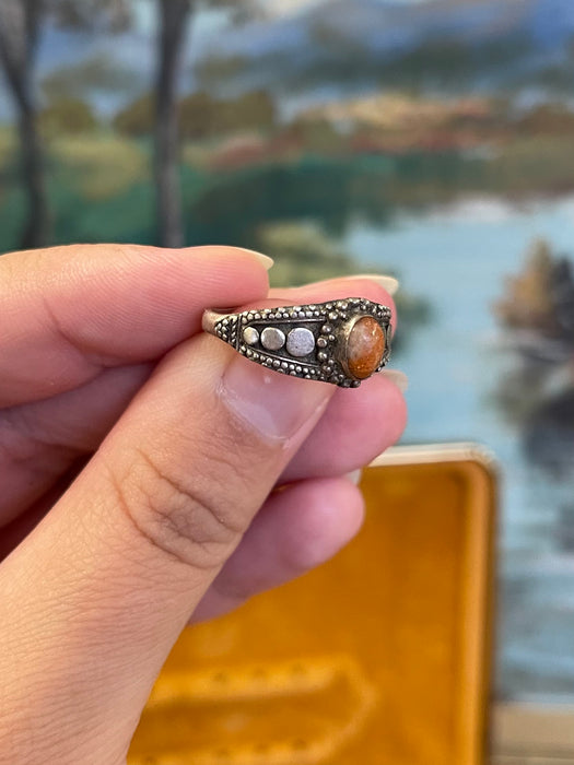 Vintage Ring with Oval Orange Cabochon and Dot work Detailing.