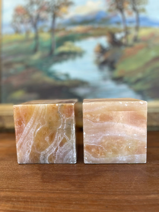 Pair of Mid-Century Italian Peach Onyx Cube Bookends, estimated 1960s-70s