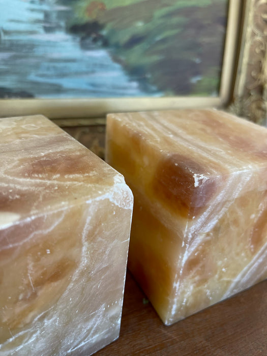 Pair of Mid-Century Italian Peach Onyx Cube Bookends, estimated 1960s-70s
