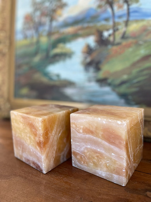 Pair of Mid-Century Italian Peach Onyx Cube Bookends, estimated 1960s-70s