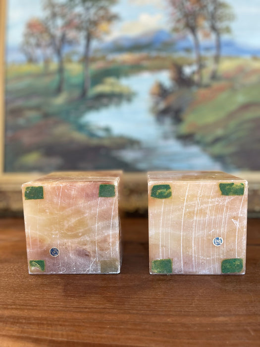 Pair of Mid-Century Italian Peach Onyx Cube Bookends, estimated 1960s-70s