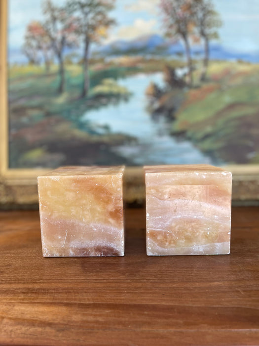 Pair of Mid-Century Italian Peach Onyx Cube Bookends, estimated 1960s-70s