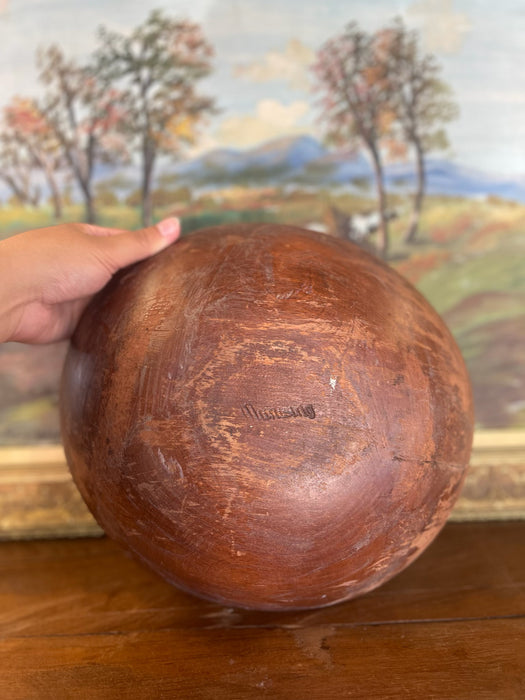 Large Signed Munising Wooden Dough Bowl with Rich Patina and Age Crack - Mid-20th Century Americana