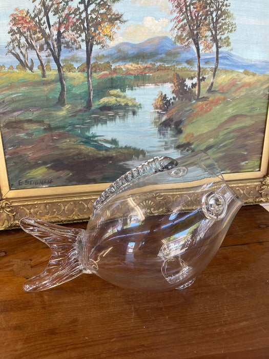 Mid Century Hand-Blown Clear Glass Fish Vase by Blenko Style - Sculptural Studio Art Glass Vessel.