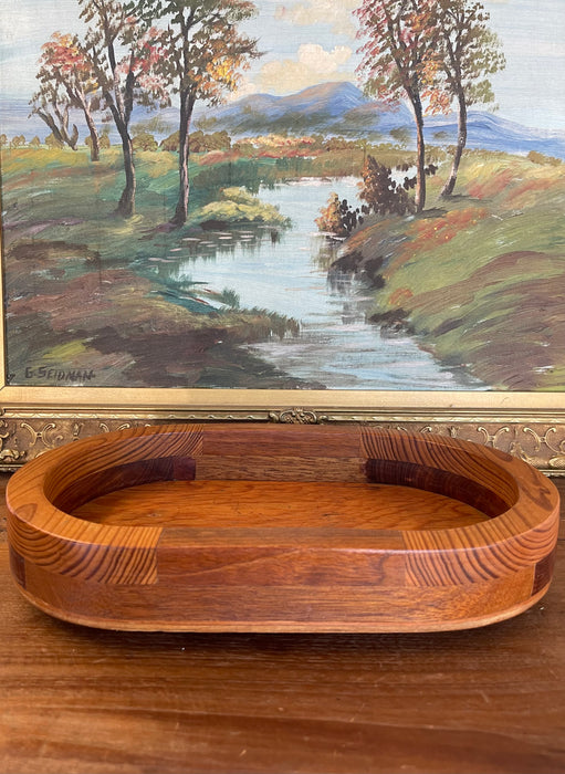 Vintage Mid-Century Modern Oval Wood Tray with Laminated Joinery and Raised Base