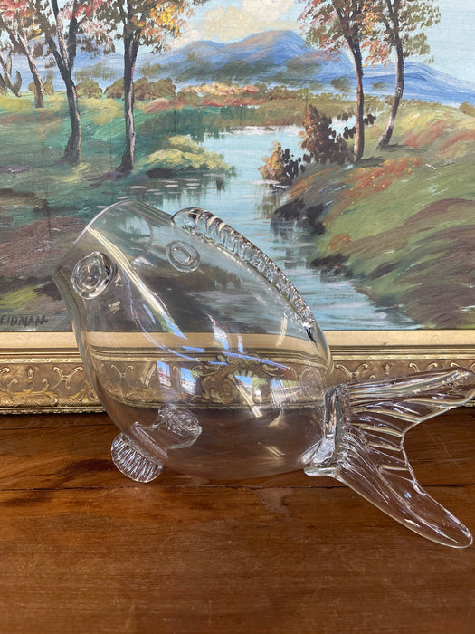 Mid Century Hand-Blown Clear Glass Fish Vase by Blenko Style - Sculptural Studio Art Glass Vessel.