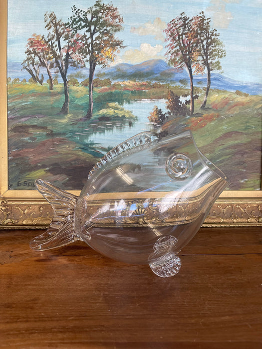 Mid Century Hand-Blown Clear Glass Fish Vase by Blenko Style - Sculptural Studio Art Glass Vessel.