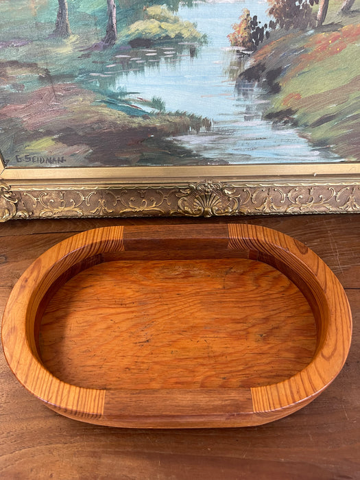 Vintage Mid-Century Modern Oval Wood Tray with Laminated Joinery and Raised Base