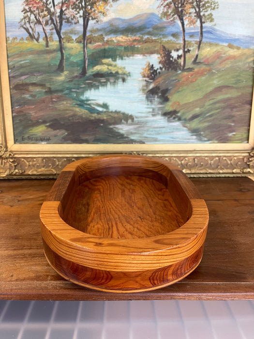Vintage Mid-Century Modern Oval Wood Tray with Laminated Joinery and Raised Base