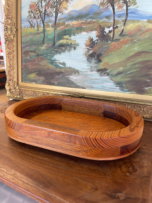 Vintage Mid-Century Modern Oval Wood Tray with Laminated Joinery and Raised Base