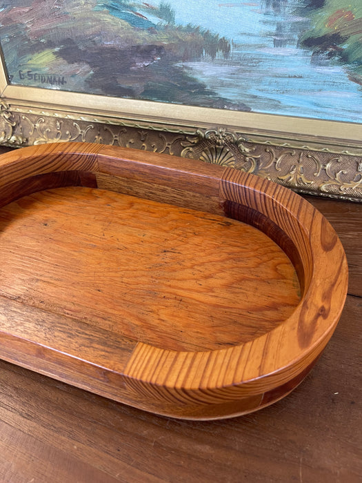 Vintage Mid-Century Modern Oval Wood Tray with Laminated Joinery and Raised Base