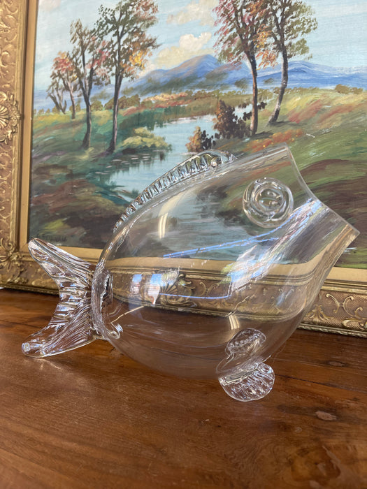 Mid Century Hand-Blown Clear Glass Fish Vase by Blenko Style - Sculptural Studio Art Glass Vessel.