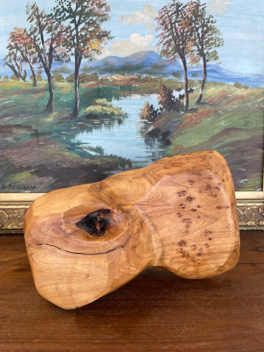 Hand-Carved Live Edge Likely Burl Wood Display Stand or Sculpture Base with Organic Form.