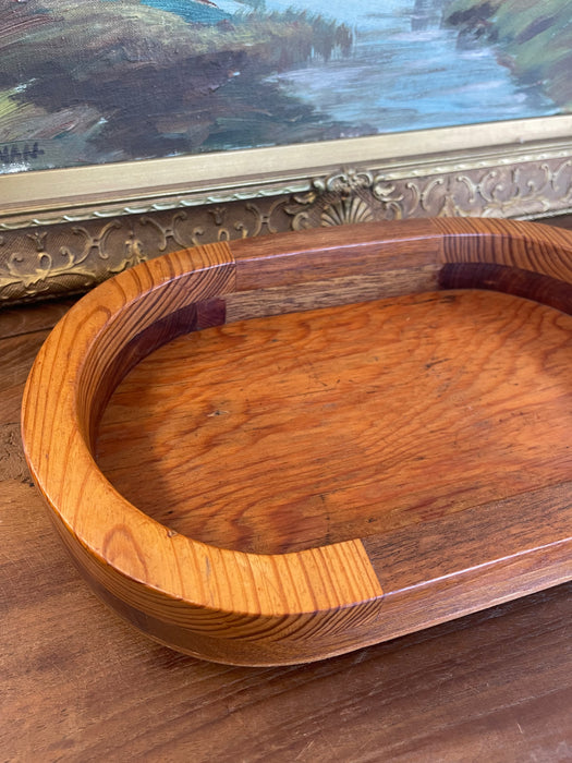 Vintage Mid-Century Modern Oval Wood Tray with Laminated Joinery and Raised Base