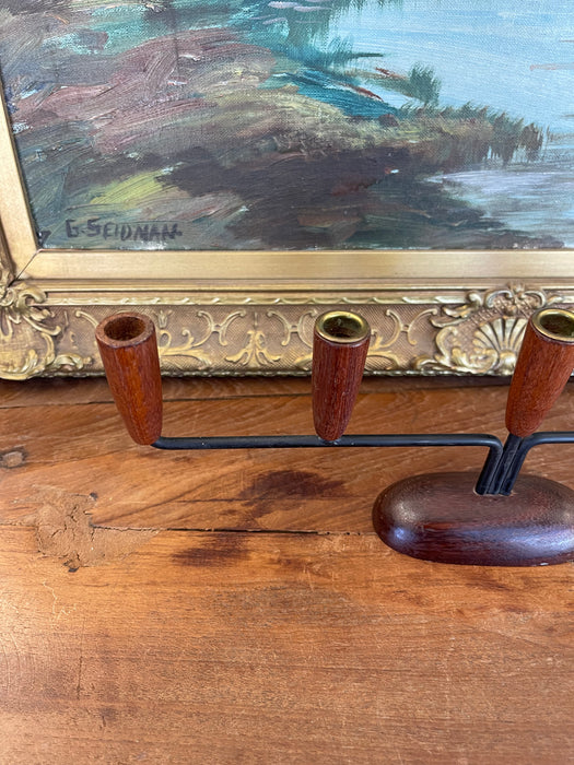 Mid-Century Modern Danish Style 5-Arm Candelabra with Sculptural Wood Base