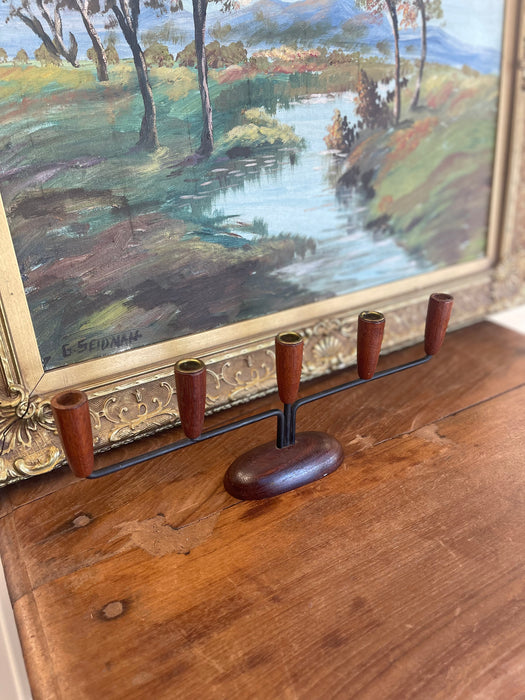Mid-Century Modern Danish Style 5-Arm Candelabra with Sculptural Wood Base