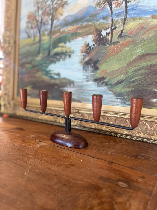 Mid-Century Modern Danish Style 5-Arm Candelabra with Sculptural Wood Base