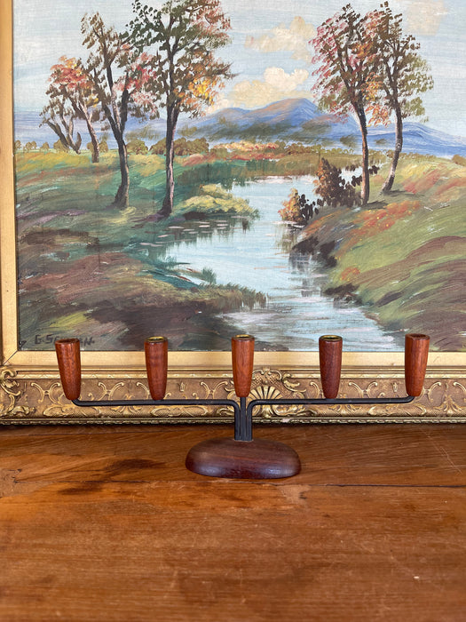 Mid-Century Modern Danish Style 5-Arm Candelabra with Sculptural Wood Base