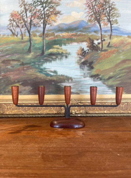 Mid-Century Modern Danish Style 5-Arm Candelabra with Sculptural Wood Base