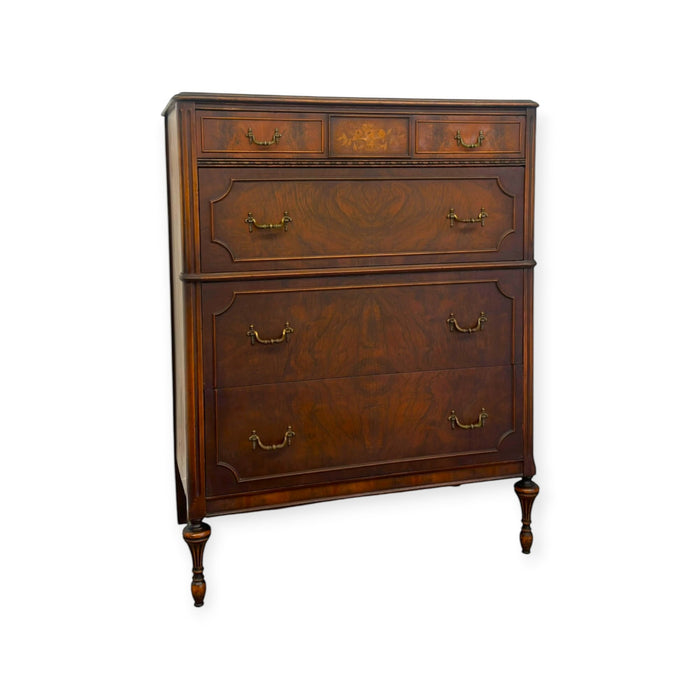 Vintage Traditional Burl Wood Tallboy Dresser with Floral Inlay and Pattern-Lined Drawers.(Available by online purchase only)