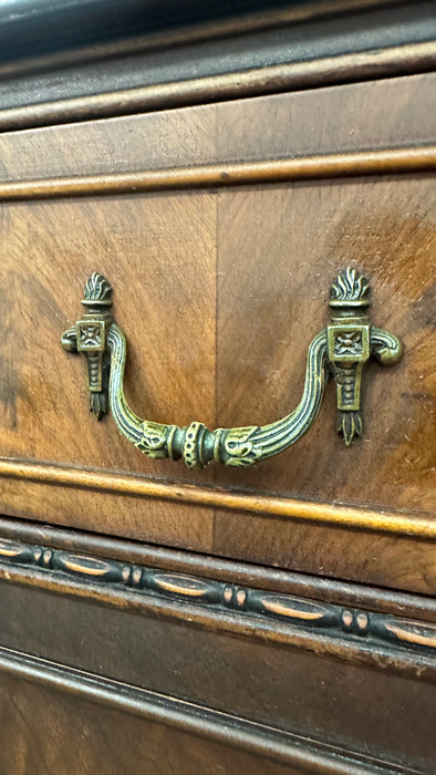 Vintage Traditional Burl Wood Tallboy Dresser with Floral Inlay and Pattern-Lined Drawers.(Available by online purchase only)