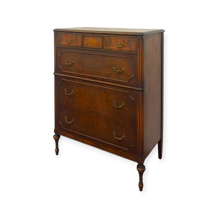 Vintage Traditional Burl Wood Tallboy Dresser with Floral Inlay and Pattern-Lined Drawers.(Available by online purchase only)