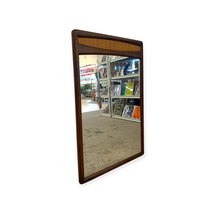 Vintage Mid-Century Modern Solid Wood Wall Mirror with Woven Cane Accent.