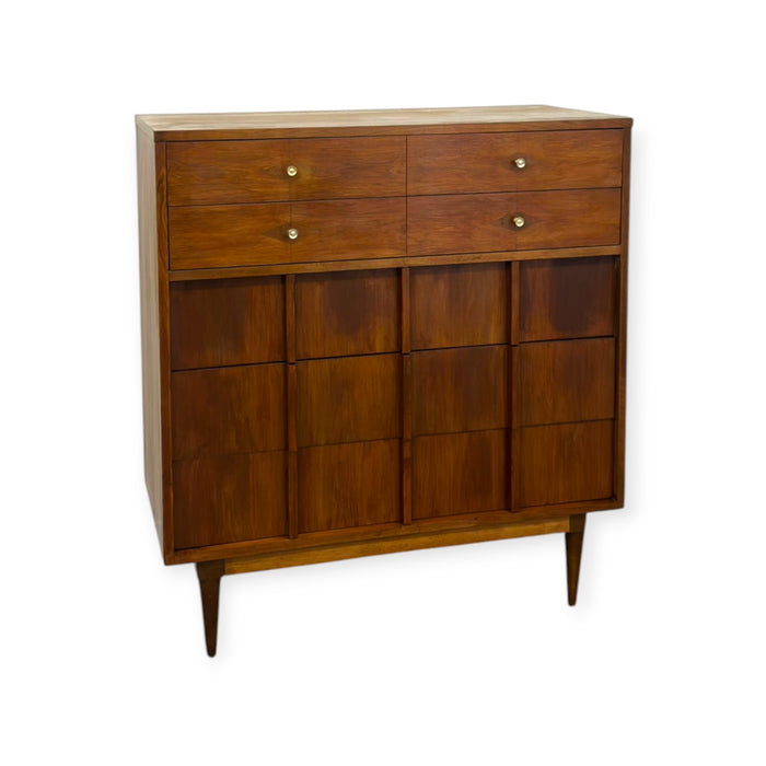 Vintage Mid-Century Modern Highboy Dresser Dovetailed Drawers Brass Finished Pulls.