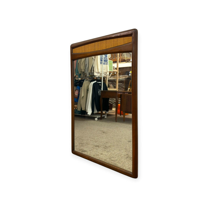 Vintage Mid-Century Modern Solid Wood Wall Mirror with Woven Cane Accent.