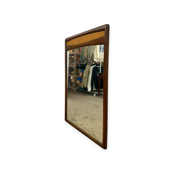 Vintage Mid-Century Modern Solid Wood Wall Mirror with Woven Cane Accent.