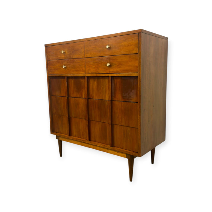 Vintage Mid-Century Modern Highboy Dresser Dovetailed Drawers Brass Finished Pulls.