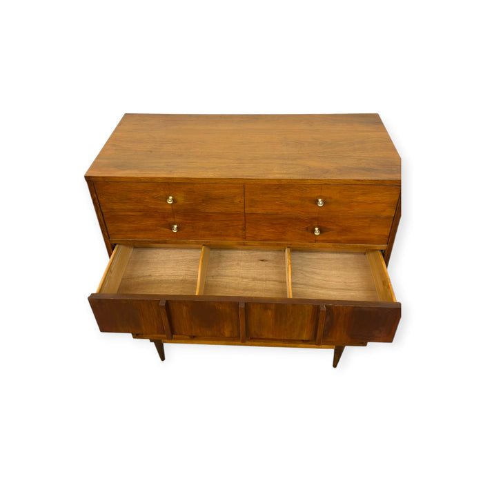 Vintage Mid-Century Modern Highboy Dresser Dovetailed Drawers Brass Finished Pulls.